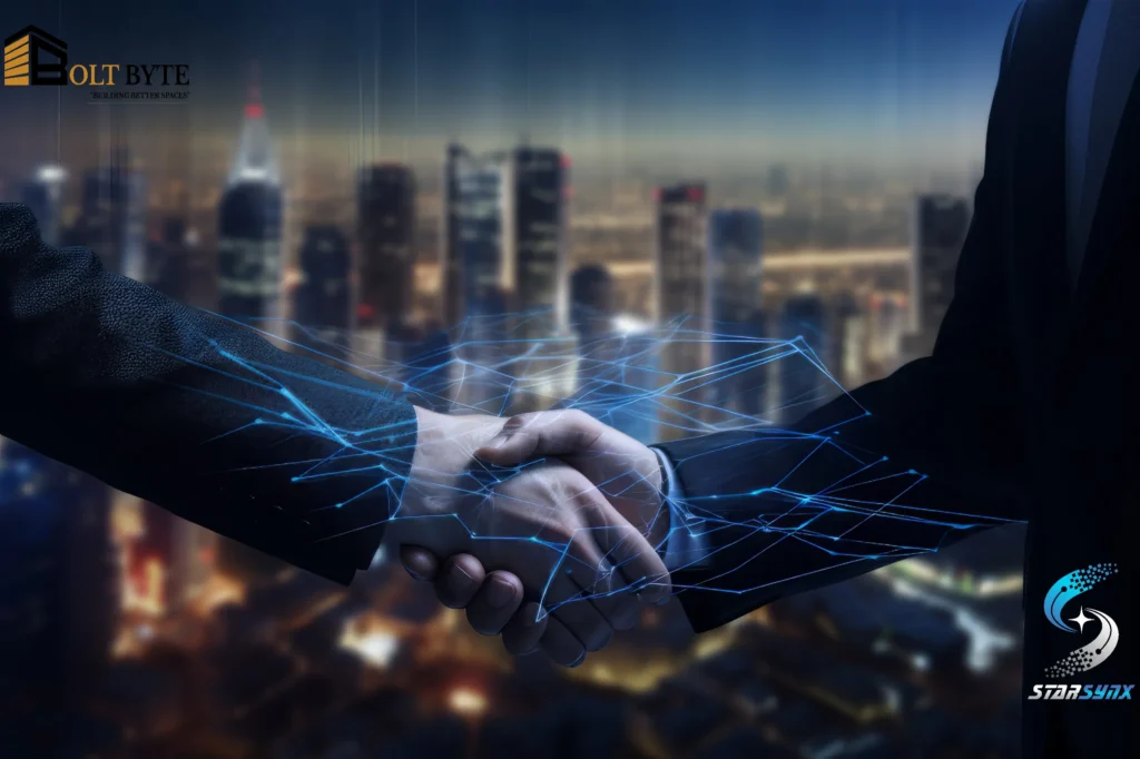 Bolt Byte and STARSYNX tech partnership: Digital handshake over a city skyline symbolizing a strategic alliance.