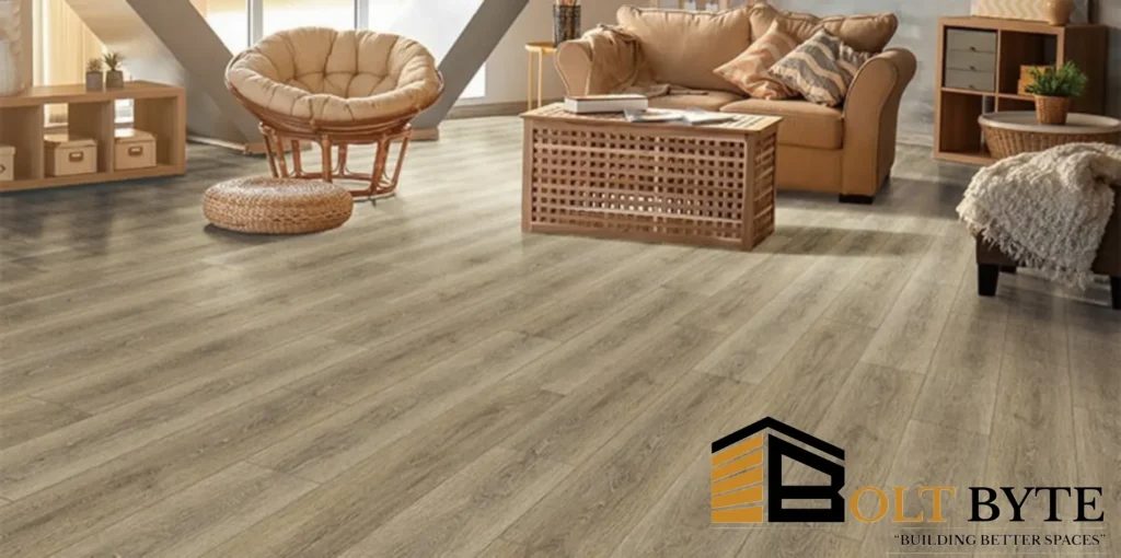Modern LVT flooring by Bolt Byte in a bright living room, showcasing versatile luxury vinyl planks.