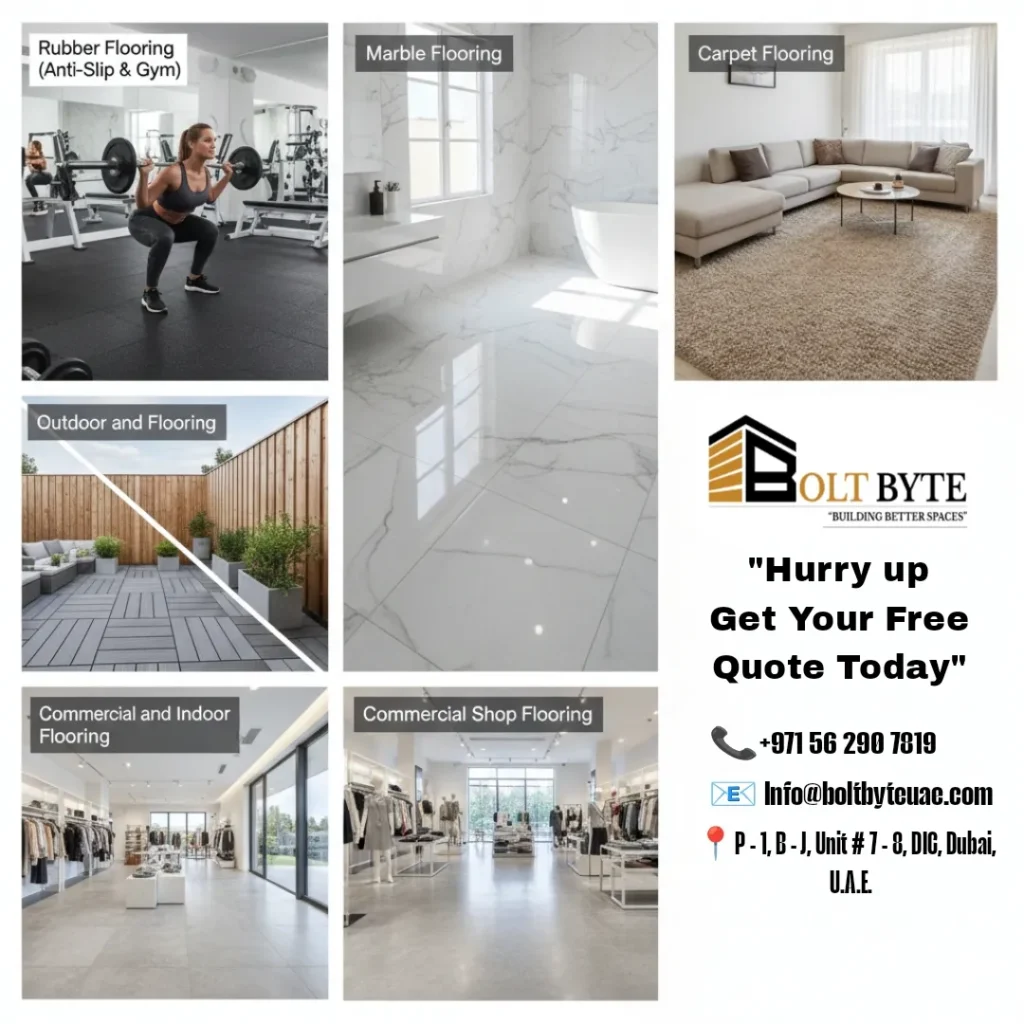 Collage of flooring in Dubai: Rubber, Marble, Carpet, Outdoor, and Commercial shop flooring by Bolt Byte.