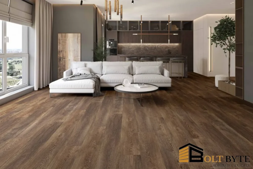 Affordable dark wood vinyl flooring by Bolt Byte in a stylish, open-concept living and kitchen area.