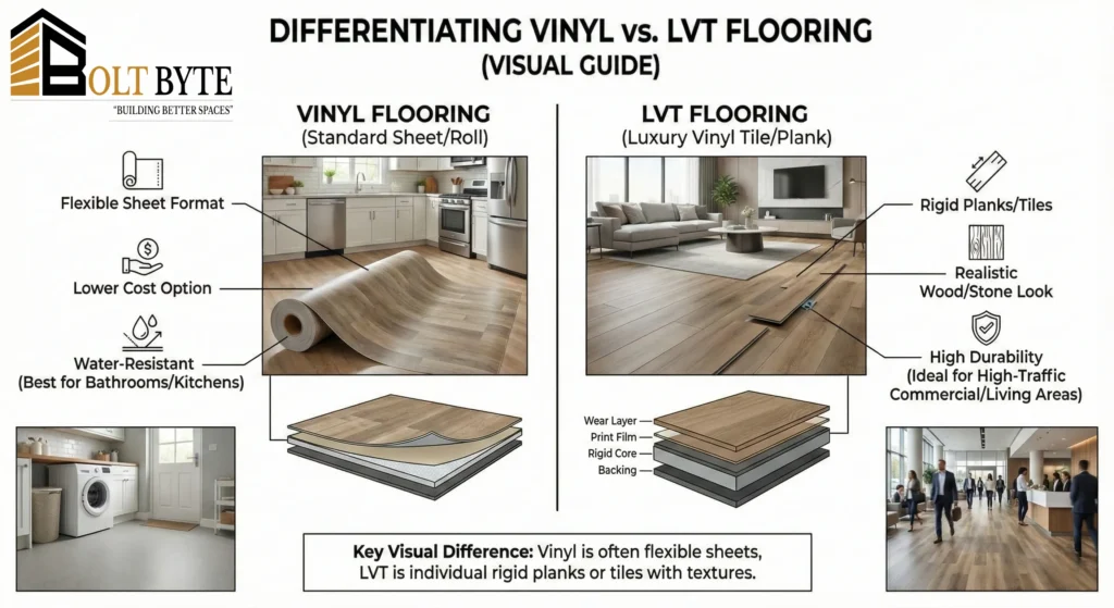 Bolt Byte visual guide comparing flexible vinyl sheet rolls vs. rigid LVT planks for Dubai homes.