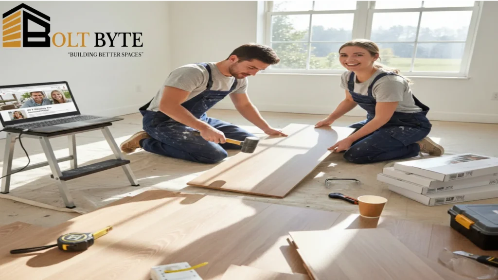 A young couple attempting a DIY wood flooring installation in an apartment, using a rubber mallet and following a tutorial on a laptop, with the Bolt Byte logo prominently displayed.