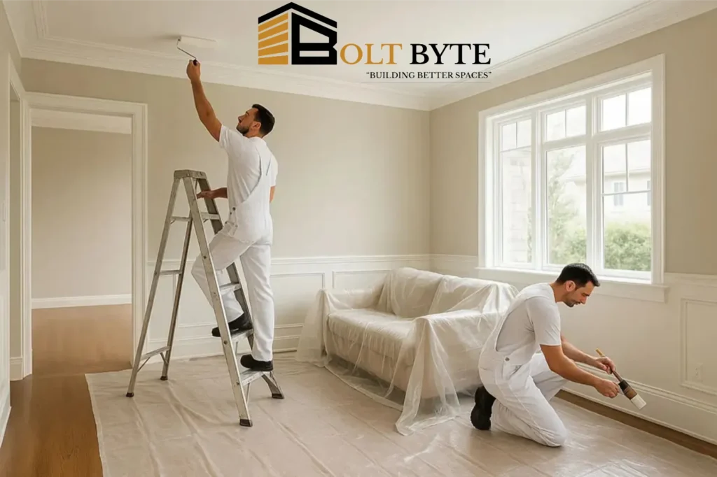 Bolt Byte painters applying a fresh white finish to a living room ceiling and baseboards on a ladder.