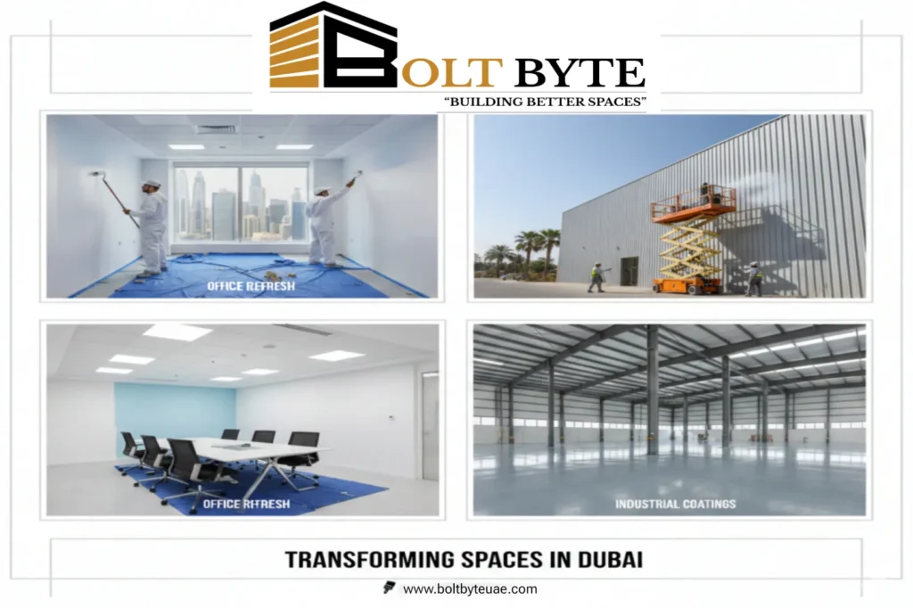 Commercial painting in Dubai by Bolt Byte: Office refreshes, industrial coatings, and warehouse transformations.