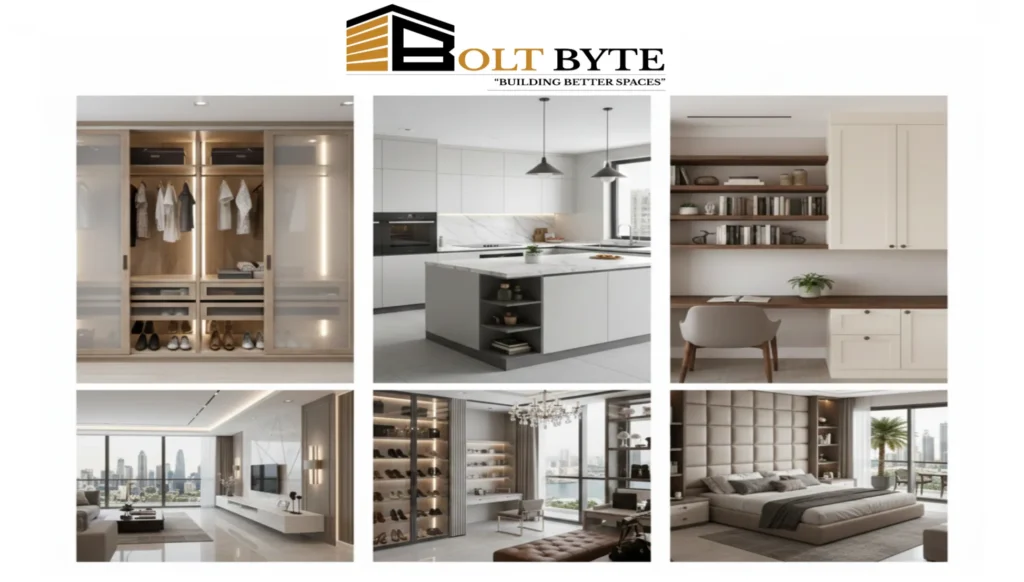 Custom interior carpentry portfolio by Bolt Byte in Dubai featuring glass-door wardrobes, modern white kitchen cabinets, minimalist home office shelving, and luxury bedroom wall paneling.