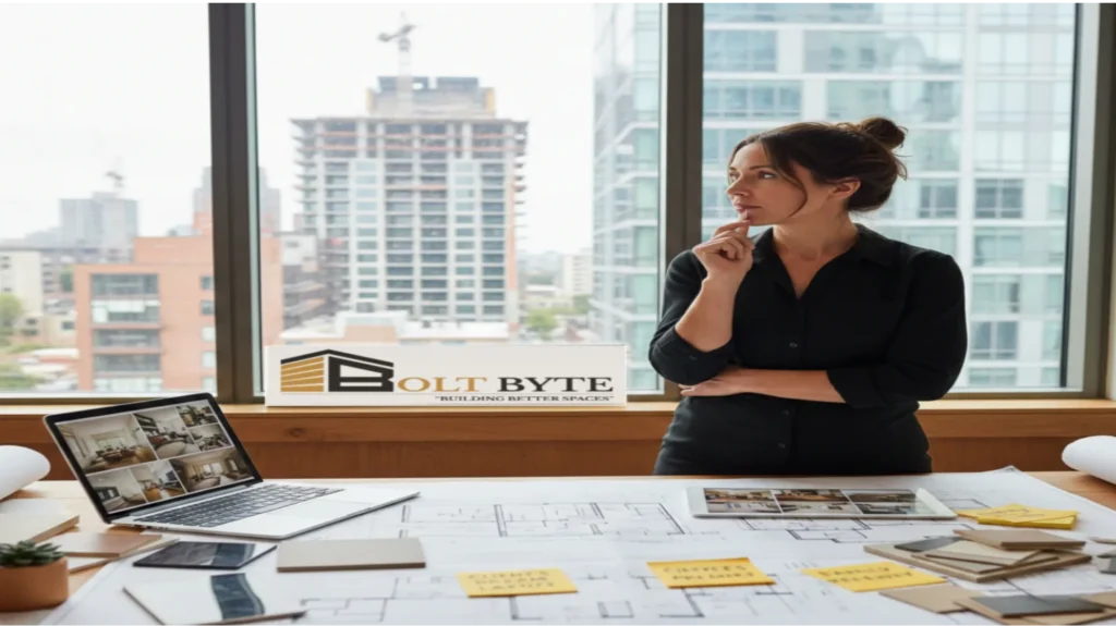 Interior designer at Bolt Byte planning a Dubai renovation with blueprints, material samples, and a laptop.