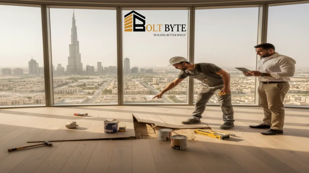 A construction supervisor pointing out buckling and gaps in a poorly installed wood floor in a Dubai high-rise apartment overlooking the Burj Khalifa, illustrating the risks of incorrect installation techniques.