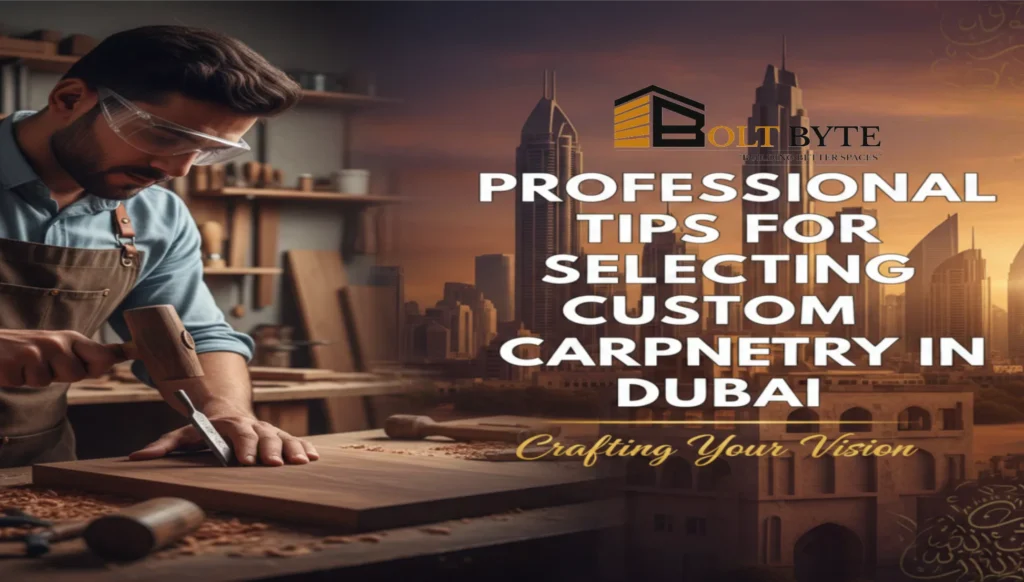 Professional carpenter at Bolt Byte crafting custom wood furniture with the Dubai city skyline and Burj Khalifa in the background, representing premium carpentry services in the UAE.