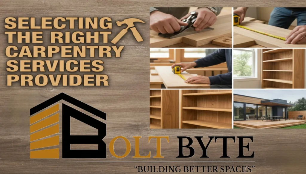 A guide to selecting the best carpentry service provider in Dubai, showcasing woodworking craftsmanship, precise measurements, and finished oak wood bookshelves by Bolt Byte.