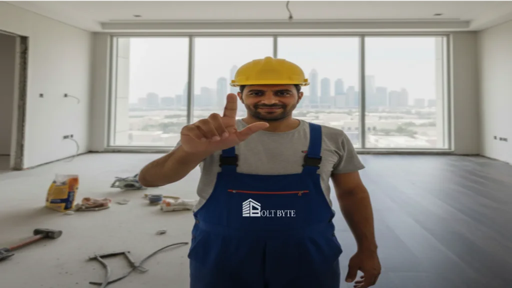 A professional flooring expert from Bolt Byte wearing a yellow hard hat and blue overalls, gesturing "number one" to highlight the top mistakes to avoid when installing wood flooring in Dubai homes.