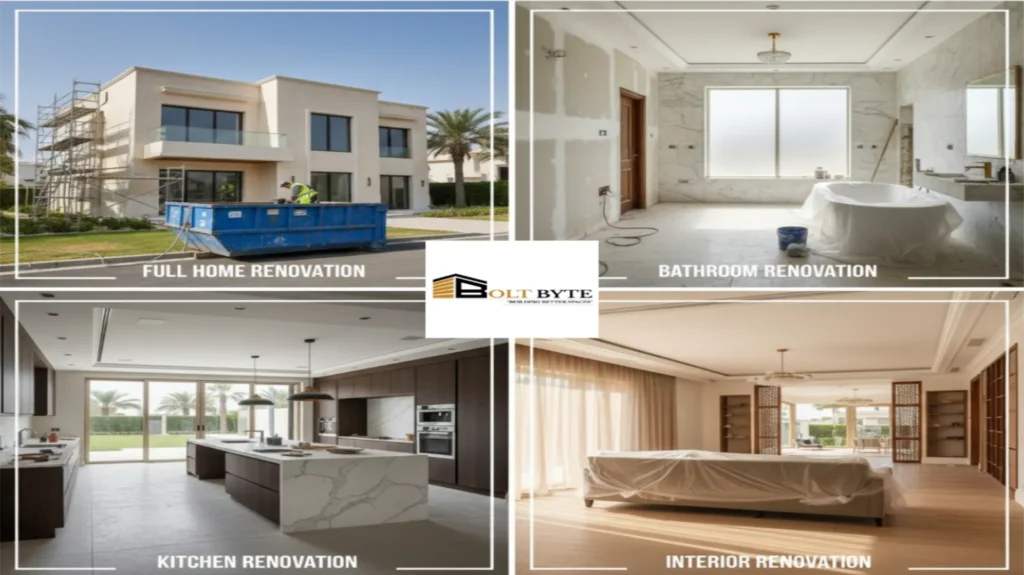 Bolt Byte renovation in Dubai: Collage of full home, bathroom, kitchen, and interior makeover projects.