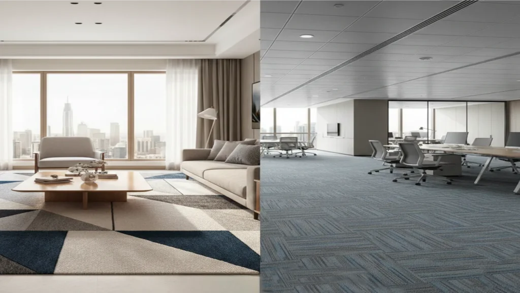 Side-by-side comparison of modern carpet options in Dubai featuring a contemporary geometric area rug for a residential living room and durable blue carpet tiles for a large corporate office.