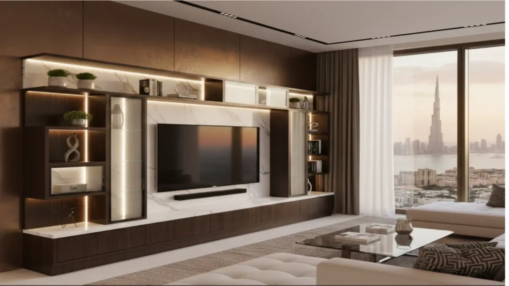 Modern living room with city view