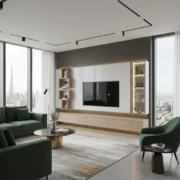 Minimalist white and oak media wall with LED backlighting.