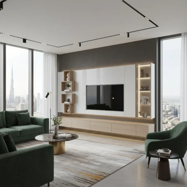 Minimalist white and oak media wall with LED backlighting.