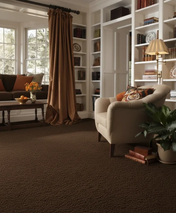 Cozy living room with brown carpet