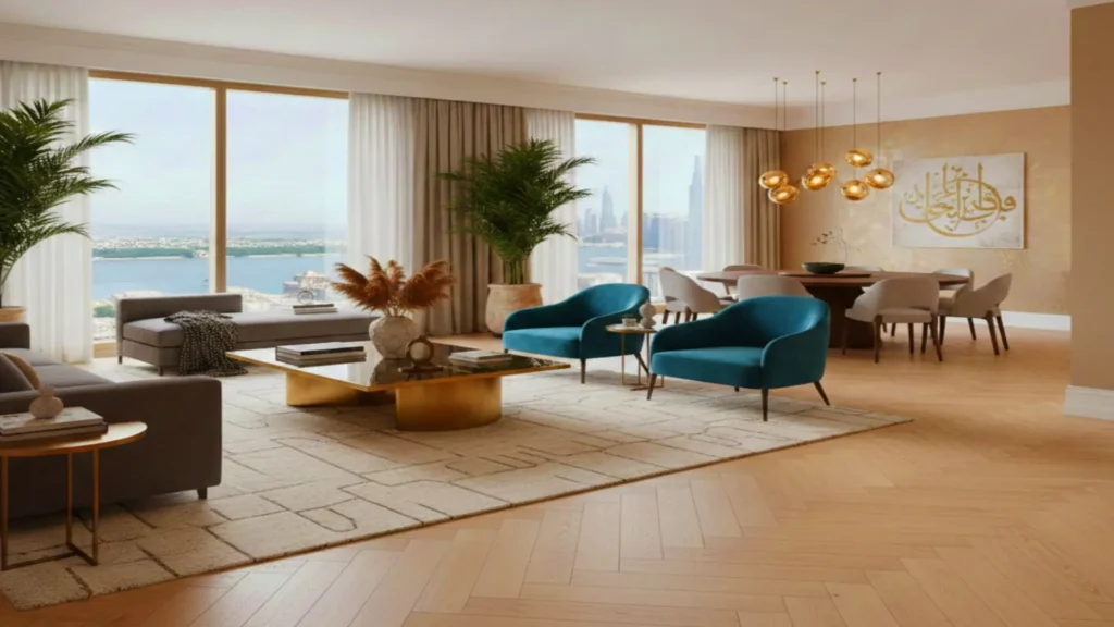 A professionally staged living and dining area featuring light-toned wood flooring in a herringbone pattern. The room includes teal velvet armchairs, a gold-based coffee table, and a large dining set under a modern cluster chandelier. Floor-to-ceiling windows reveal a waterfront city view, while a large piece of Arabic calligraphy art hangs on a textured gold wall.