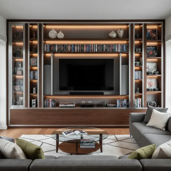 Full-wall walnut media unit with lit display shelves.