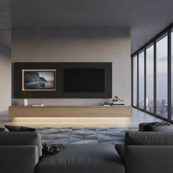 Long floating oak cabinet against a grey concrete wall.