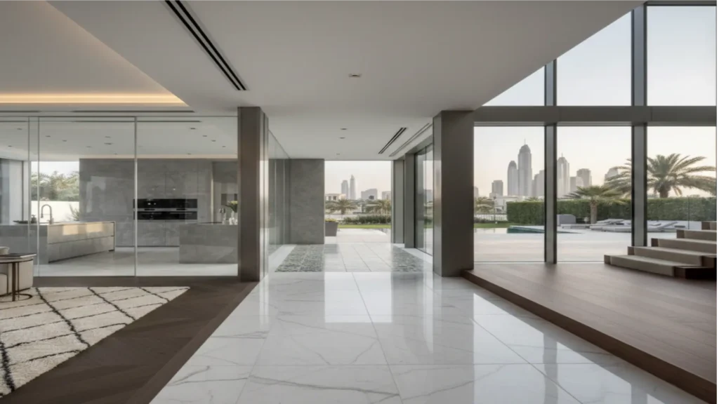 A high-end, modern interior featuring polished white marble floor tiles with grey veining. The space is divided into a dark wood chevron-patterned area and a sleek kitchen with glass partitions. Floor-to-ceiling windows offer a view of a city skyline and a swimming pool. The design is minimalist with clean lines and recessed lighting.
