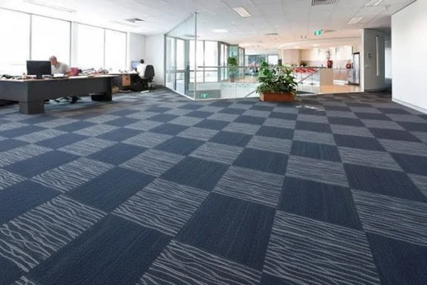 Modern office with patterned carpet flooring
