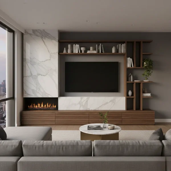 Luxury marble fireplace wall with walnut wood shelving.