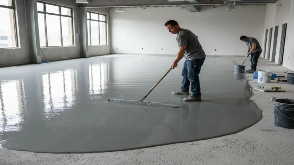 A wide-angle shot of two construction workers in a large, unfinished industrial space. In the foreground, one man uses a long-handled squeegee to spread a thick, liquid grey self-leveling compound across a concrete floor. In the background, another worker prepares a bucket of the mixture. Large windows and buckets of materials are visible in the bright, open room.