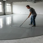 A wide-angle shot of two construction workers in a large, unfinished industrial space. In the foreground, one man uses a long-handled squeegee to spread a thick, liquid grey self-leveling compound across a concrete floor. In the background, another worker prepares a bucket of the mixture. Large windows and buckets of materials are visible in the bright, open room.