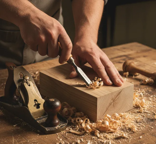 Close-up of a carpenter using a hand chisel and wood plane on a timber block with wood shavings.