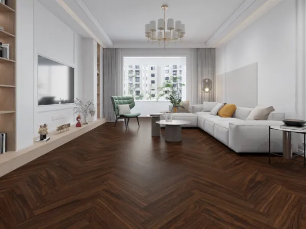 Dark walnut herringbone hardwood flooring in a modern white living room.