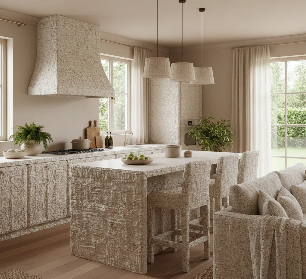 Luxury kitchen design with textured cream interior wrapping on cabinets, range hood, and a central island with matching bar stools.
