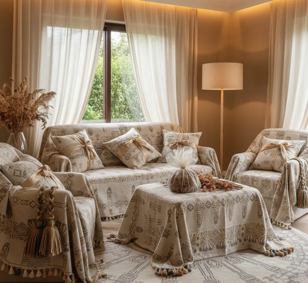 Elegant living room set with decorative fabric interior wrapping and matching patterned throws on sofas and chairs.