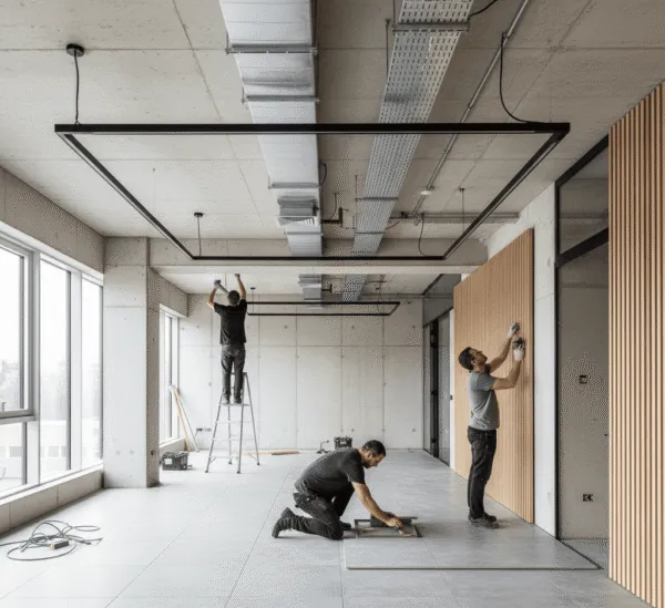 Construction workers installing industrial ceiling lights and decorative wood slat wall panels in a modern concrete office interior.