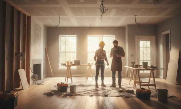 Interior home renovation site with contractors measuring a room featuring exposed wall studs, hardwood floors, and natural window lighting.