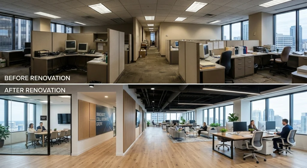 A vertical split-screen comparison showing an office space "Before Renovation" and "After Renovation." The top "Before" image shows a dated 1990s-style office with beige cubicles, bulky CRT monitors, and dark grey carpeting. The bottom "After" image shows a modern, bright, open-concept office with light wood flooring, glass-walled meeting rooms, ergonomic furniture, and contemporary lighting.
