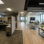 A wide shot of a busy construction site inside an office building. Multiple workers in grey shirts are performing various tasks: two men in the foreground are installing light-colored wood flooring, a man on a scaffold is painting a wall light blue, and several others are working on server racks and electrical wiring in the background. Large windows let in natural light, showing a city skyline outside.
